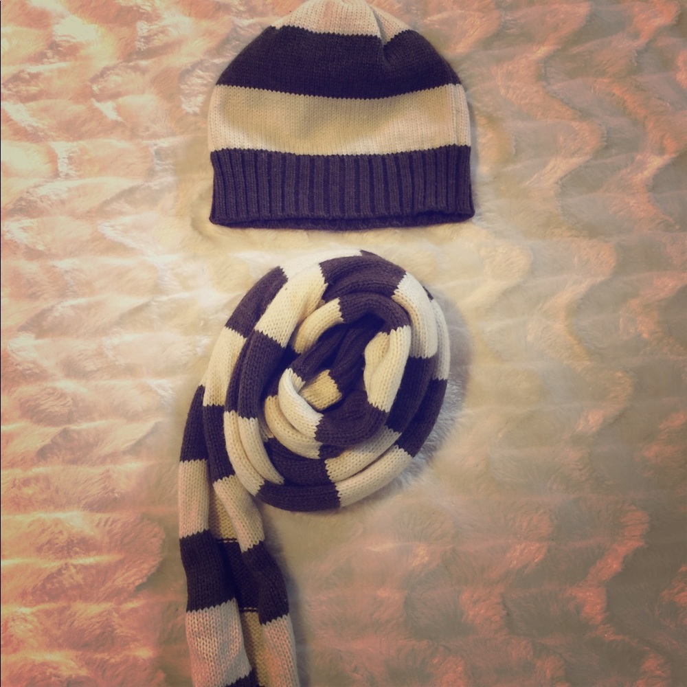 Brown and white striped beanie and scarf set